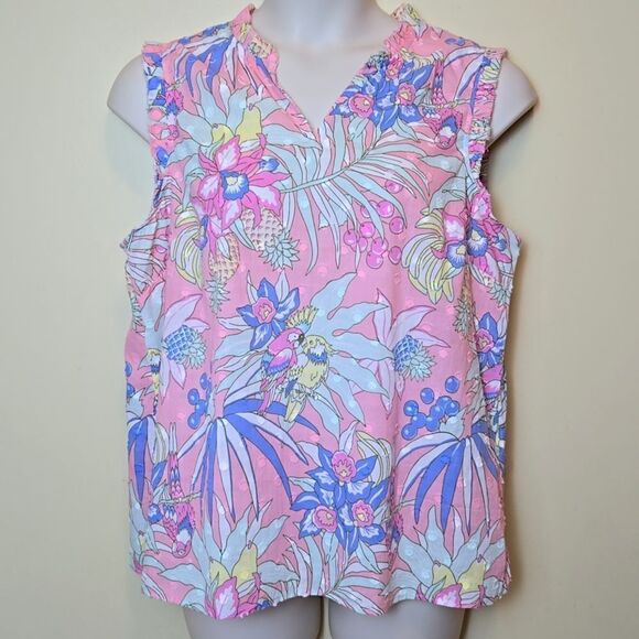Talbots Tropical Print Tank Blouse Size XL Novelty Print Parrots Island Vacation - Picture 10 of 10